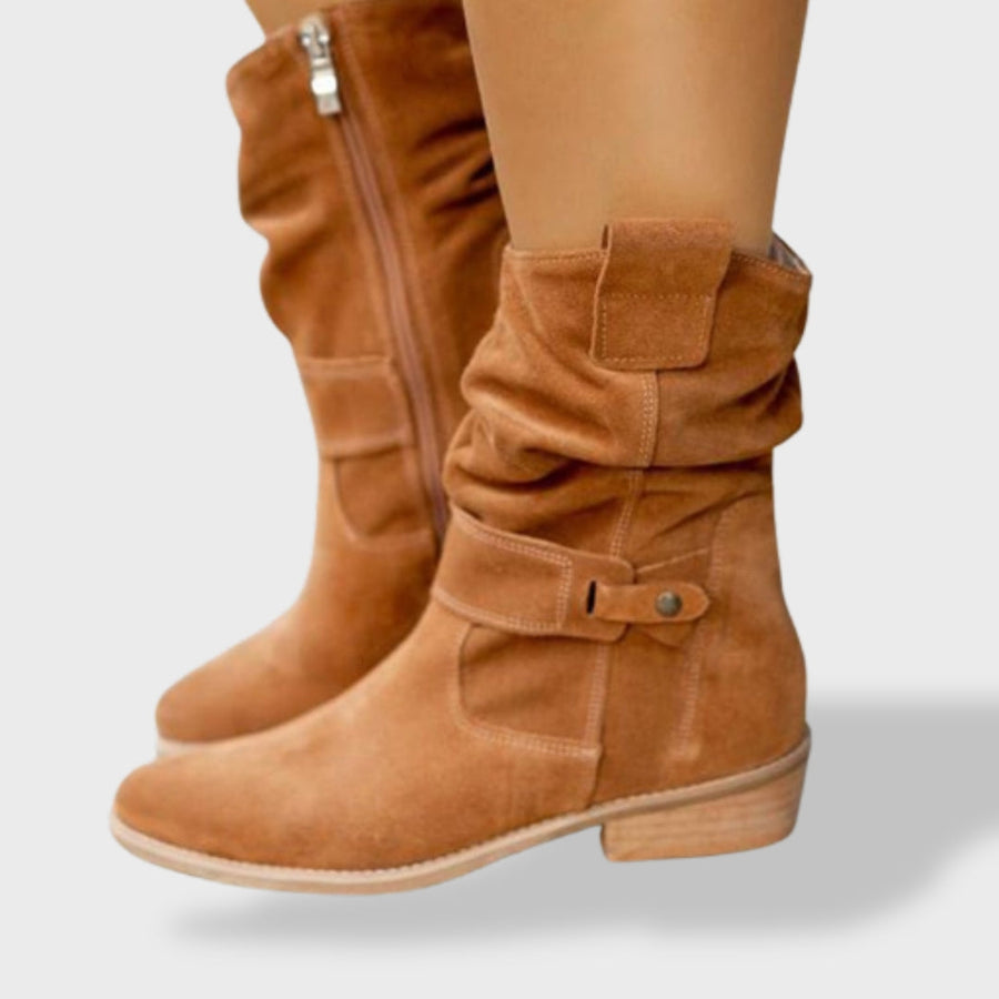 Lucía| Botines de Ante con Punta Redonda y Cremallera para Mujer